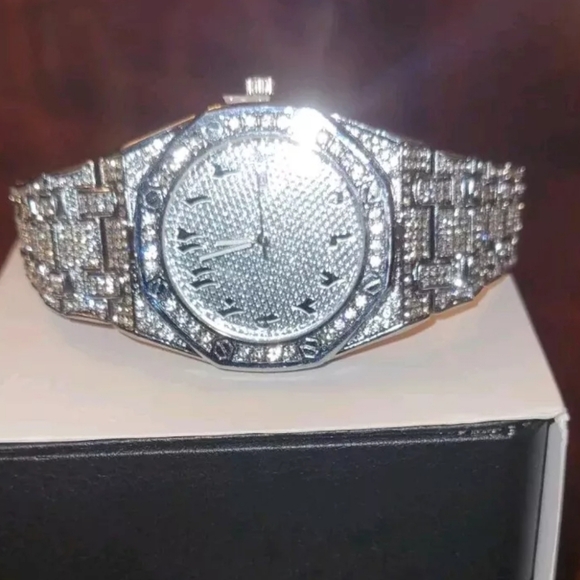 Men's Iced Simulated Diamond CZ Silverplated Alloy Arabic Numeral Quartz Watch - Picture 8 of 16